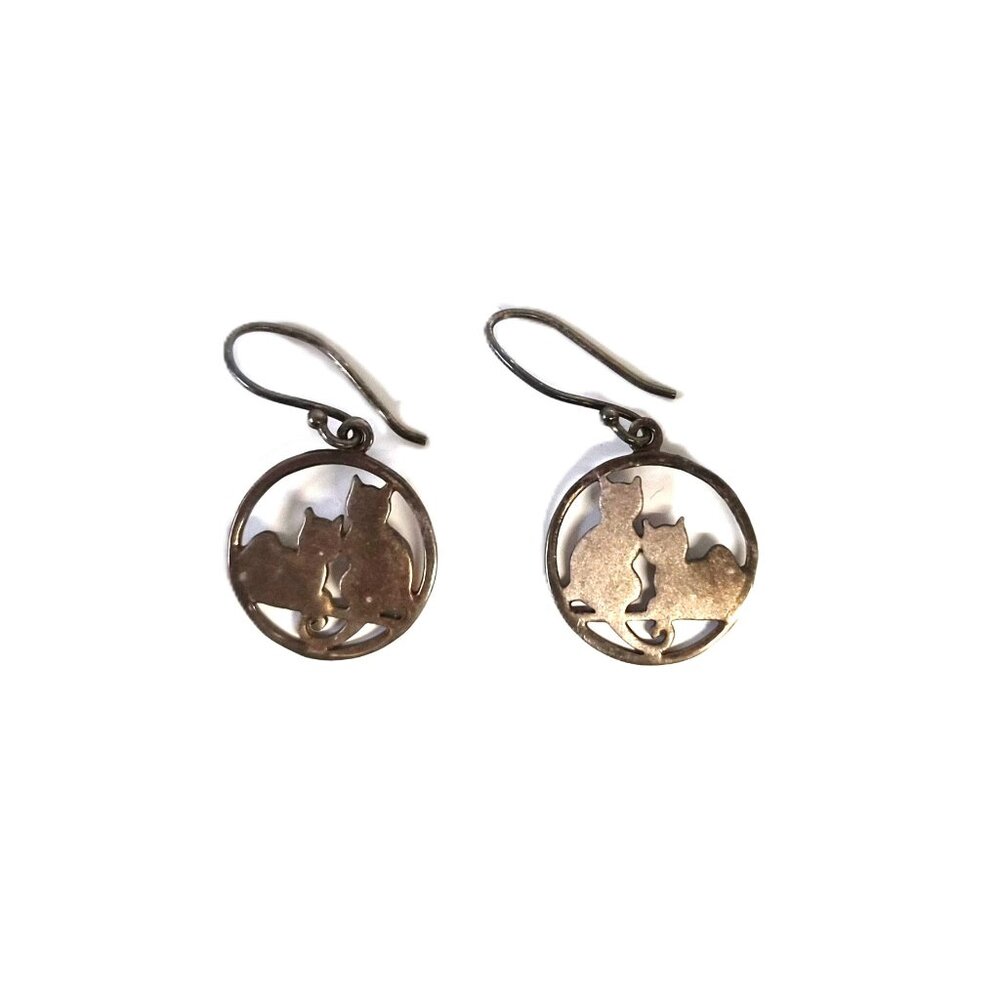 VTG VIVAH Sterling Silver Cat Dangle Earrings 925 Kawaii Novelty Whimsical Y2K